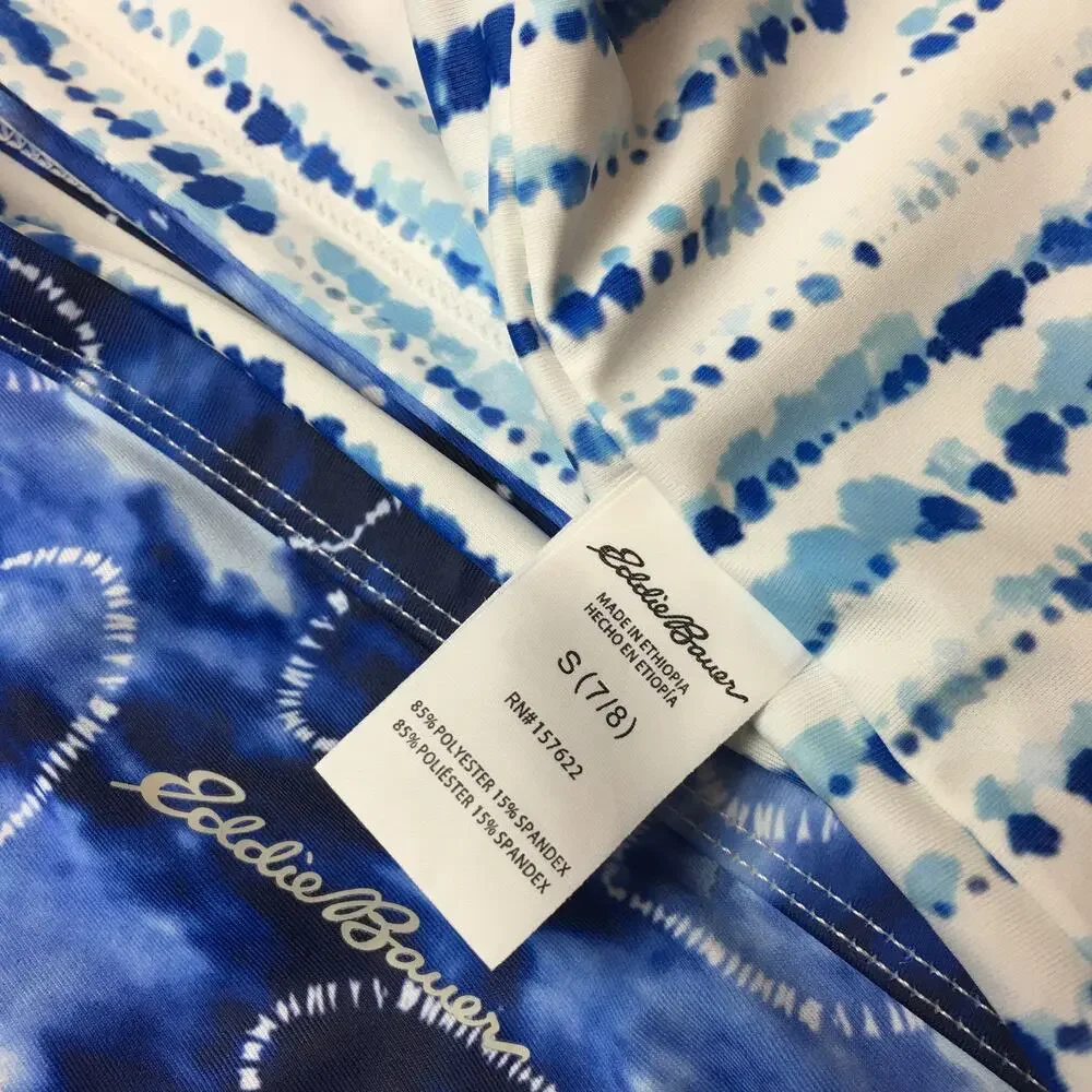 Eddie Bauer Girls Reversible 2 Piece Swimsuit Set Blue White Heart Small 7/8